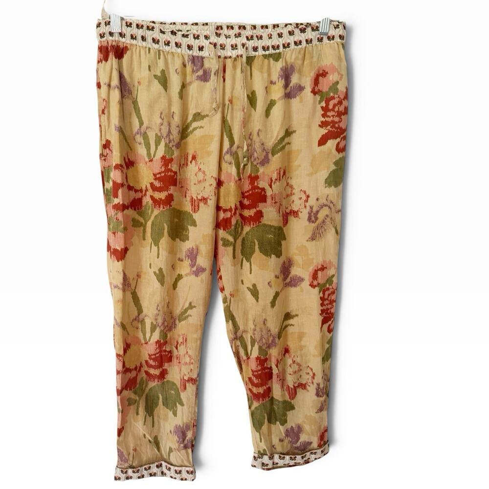 Sundance Beige Floral Pull On Tapered Leg Cotton Pants Size Medium